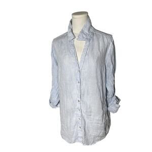 Sigrid Olsen 2X Linen Button Down Blue White Stripe Repair Butterfly Embroidery